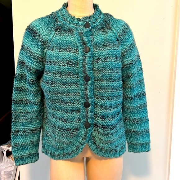 i.e. relaxed Womens PL Cardigan Sweater Blue Green Wool Blend Button Up - Picture 1 of 7